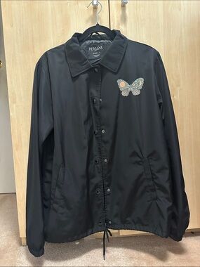 Persaya Black Coach Jacket with Embroidered Butterfly
